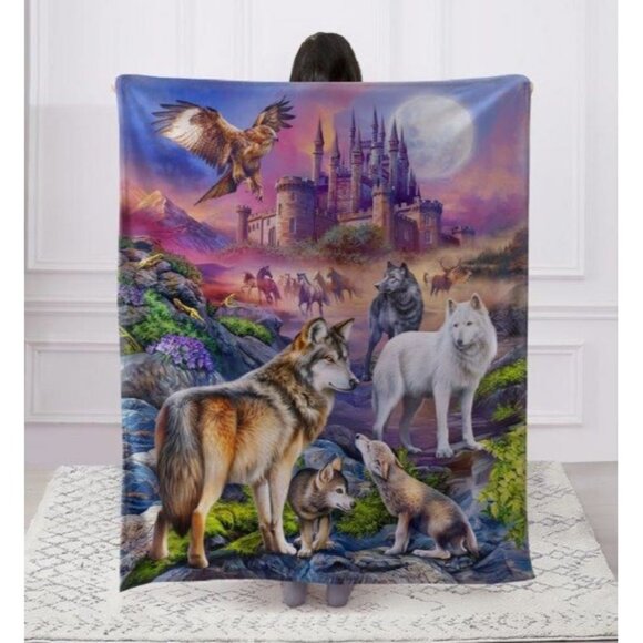 New Wolf Fantasy Throw Blanket Wolves Castle Full Moon Pack Howl Horses Forest - Picture 2 of 3
